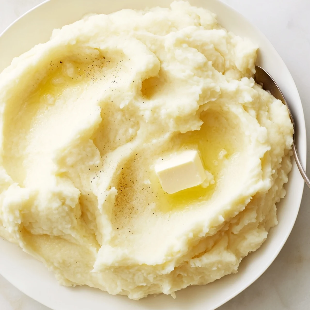 Creamy velvety mashed potatoes piled in a bowl with melted butter pooling on top