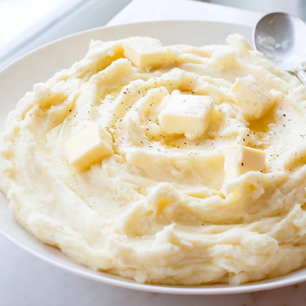 Smooth velvety mashed potatoes spooned onto a plate garnished with cracked black pepper