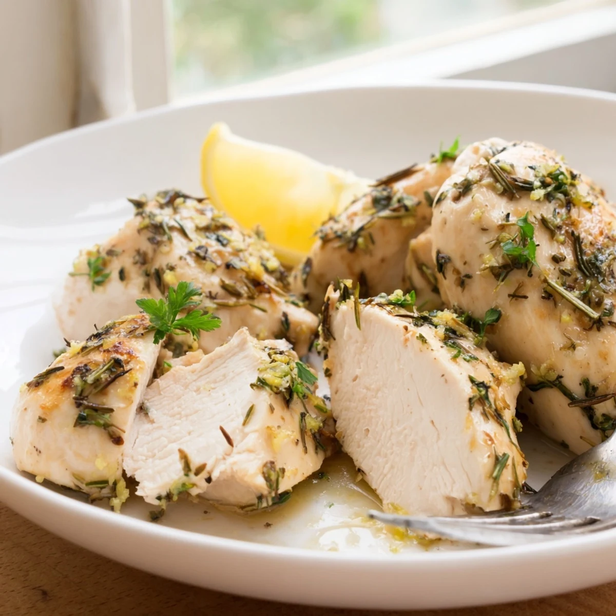 Golden savory garlic herb chicken fresh from the oven with fragrant rosemary and thyme