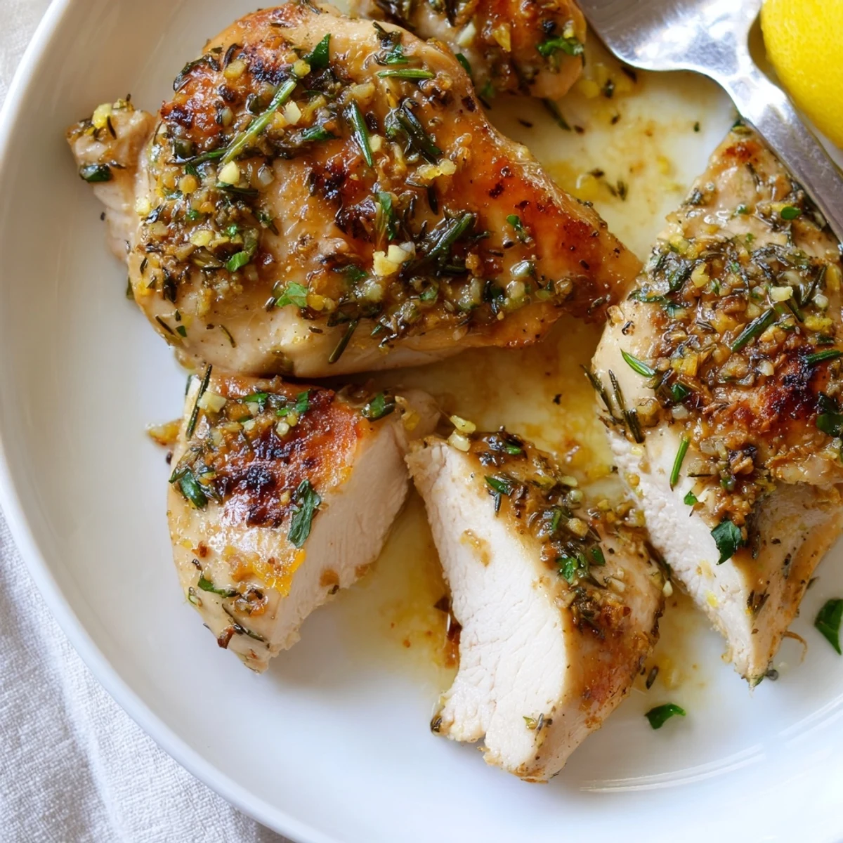 Savory garlic herb chicken sliced open revealing juicy interiors on a rustic white plate