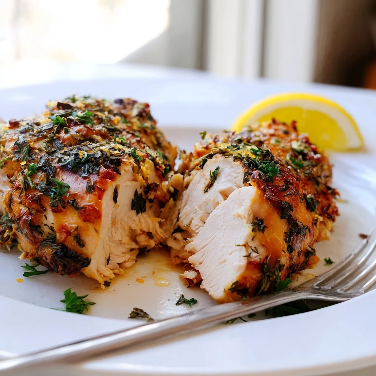 Perfectly roasted savory garlic herb chicken garnished with bright parsley and fresh lemon wedges