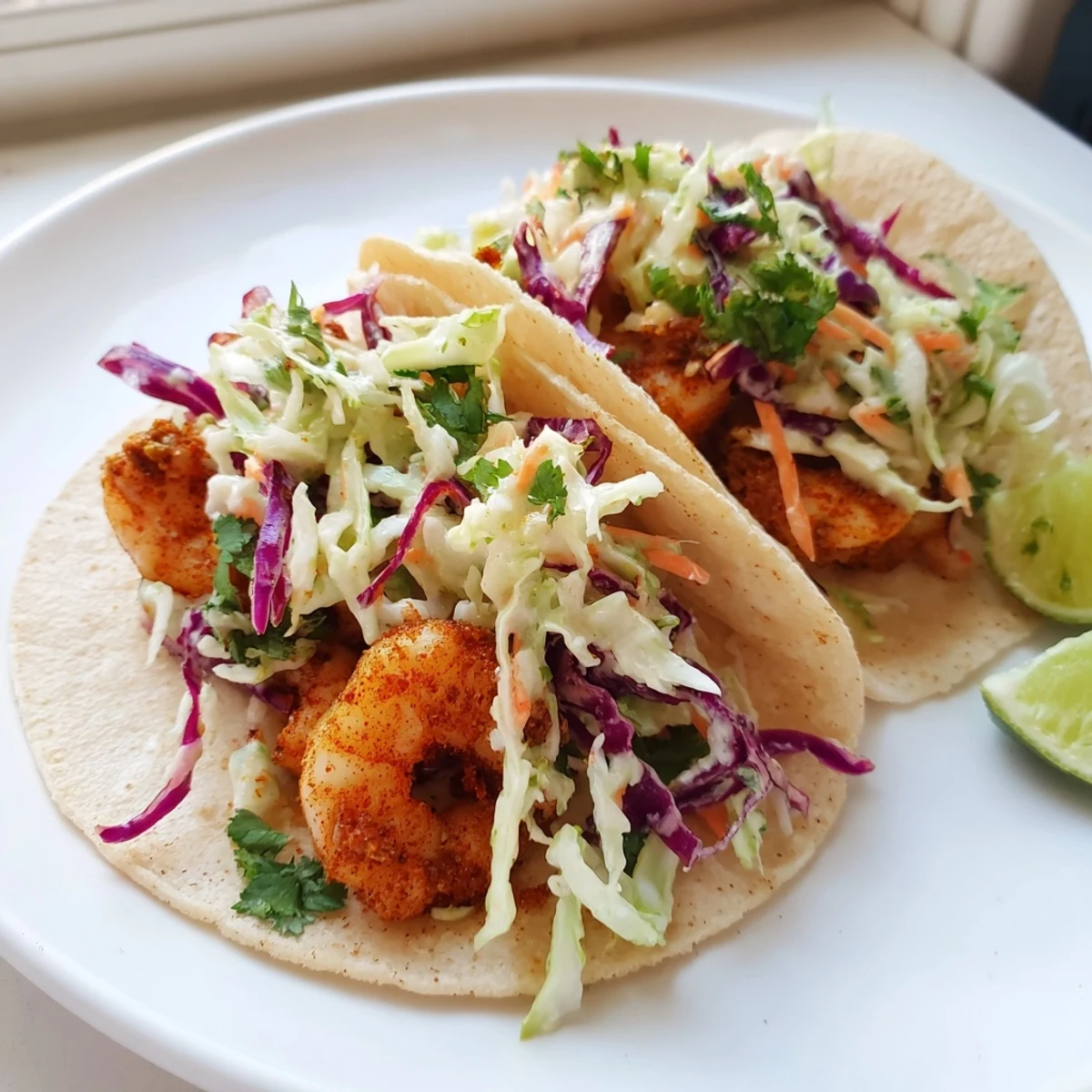 Crispy spiced shrimp piled high in warm tortillas with vibrant purple and green slaw for spicy shrimp tacos