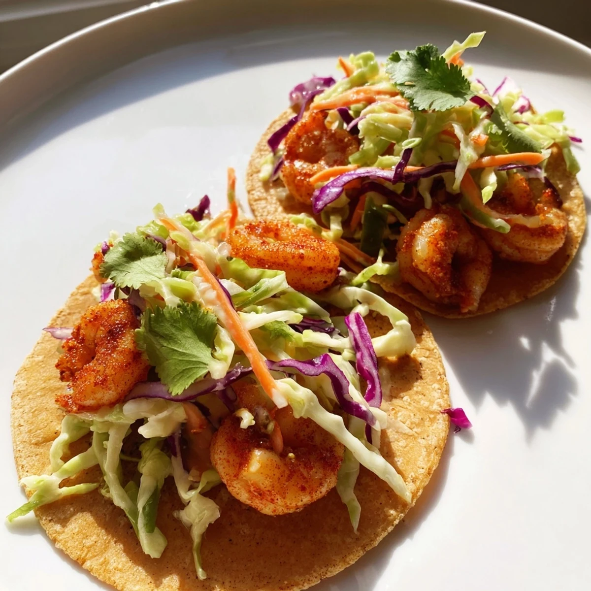 Golden pan-seared shrimp nestled in soft tortillas topped with creamy garlic cilantro lime slaw