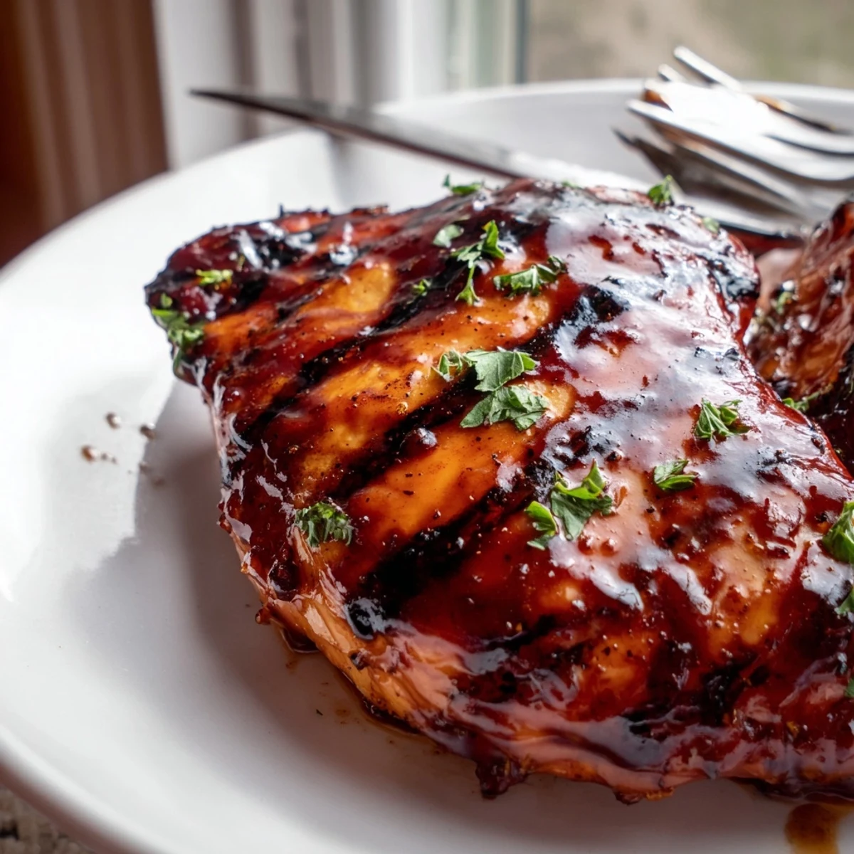 Juicy grilled Coca Cola glazed chicken breast with caramelized grill marks on a smoky plate
