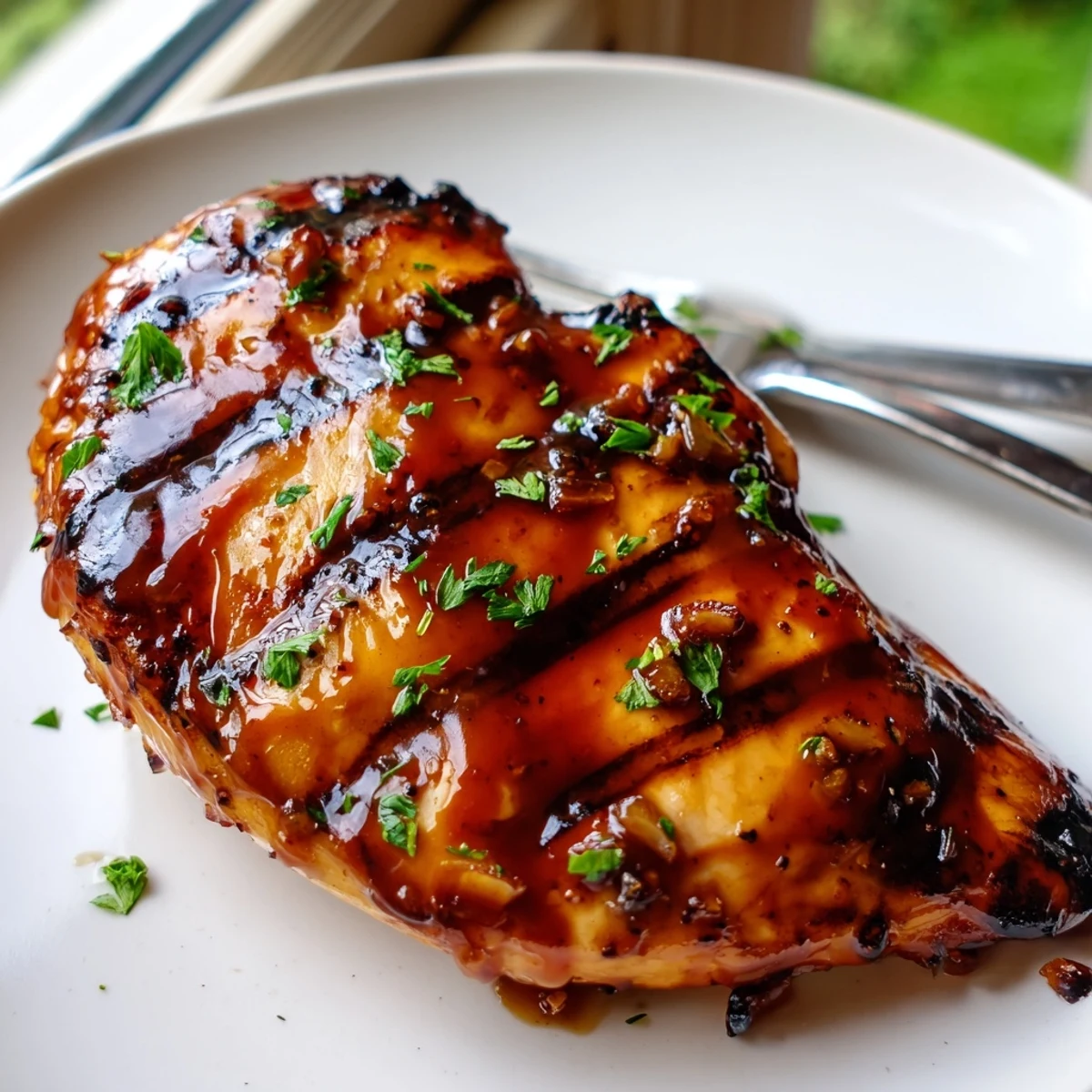 Golden sticky Coca Cola glazed chicken breast sliced open revealing tender meat beside fresh parsley