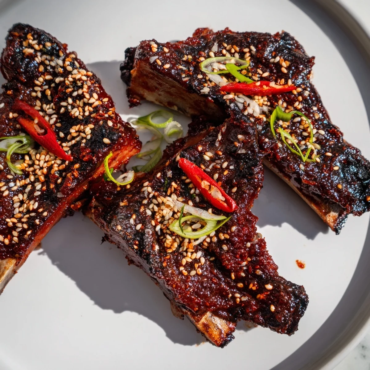 Caramelized Korean BBQ lamb ribs glistening with sticky glaze and fresh yuzu