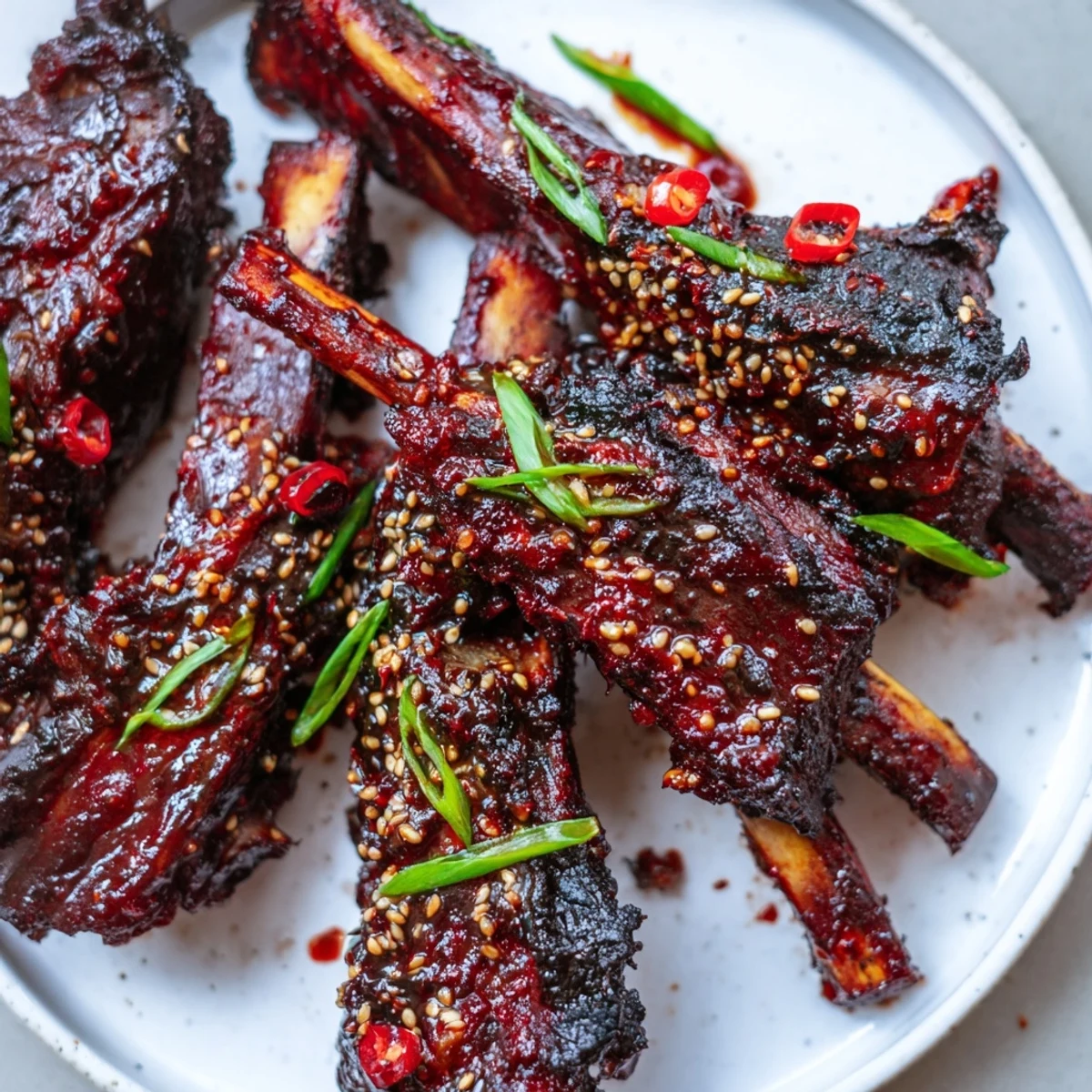 Smoky grilled Korean BBQ lamb ribs topped with scallions and sesame seeds