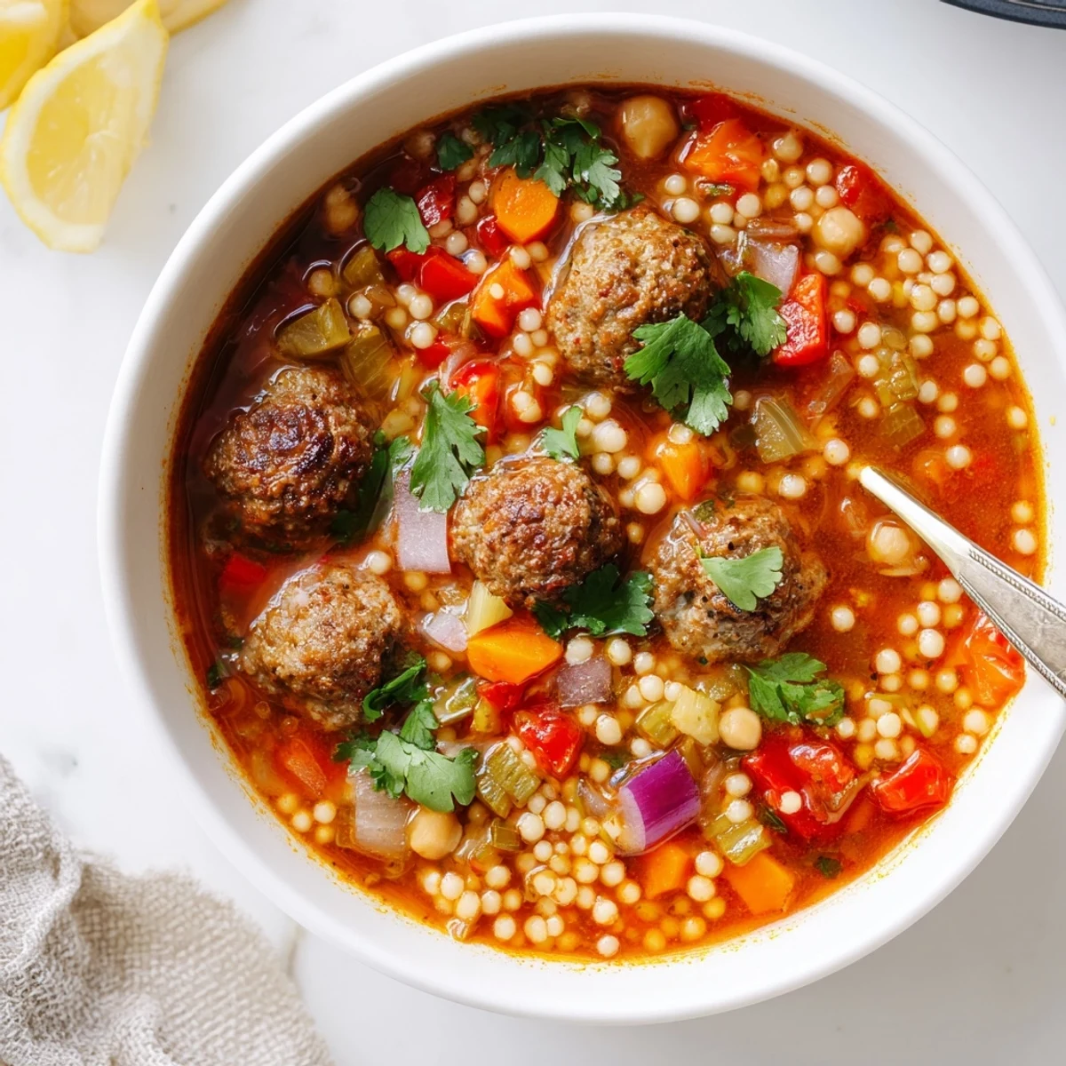 Steaming bowl of Mini Moroccan Meatball Couscous Soup topped with fresh herbs