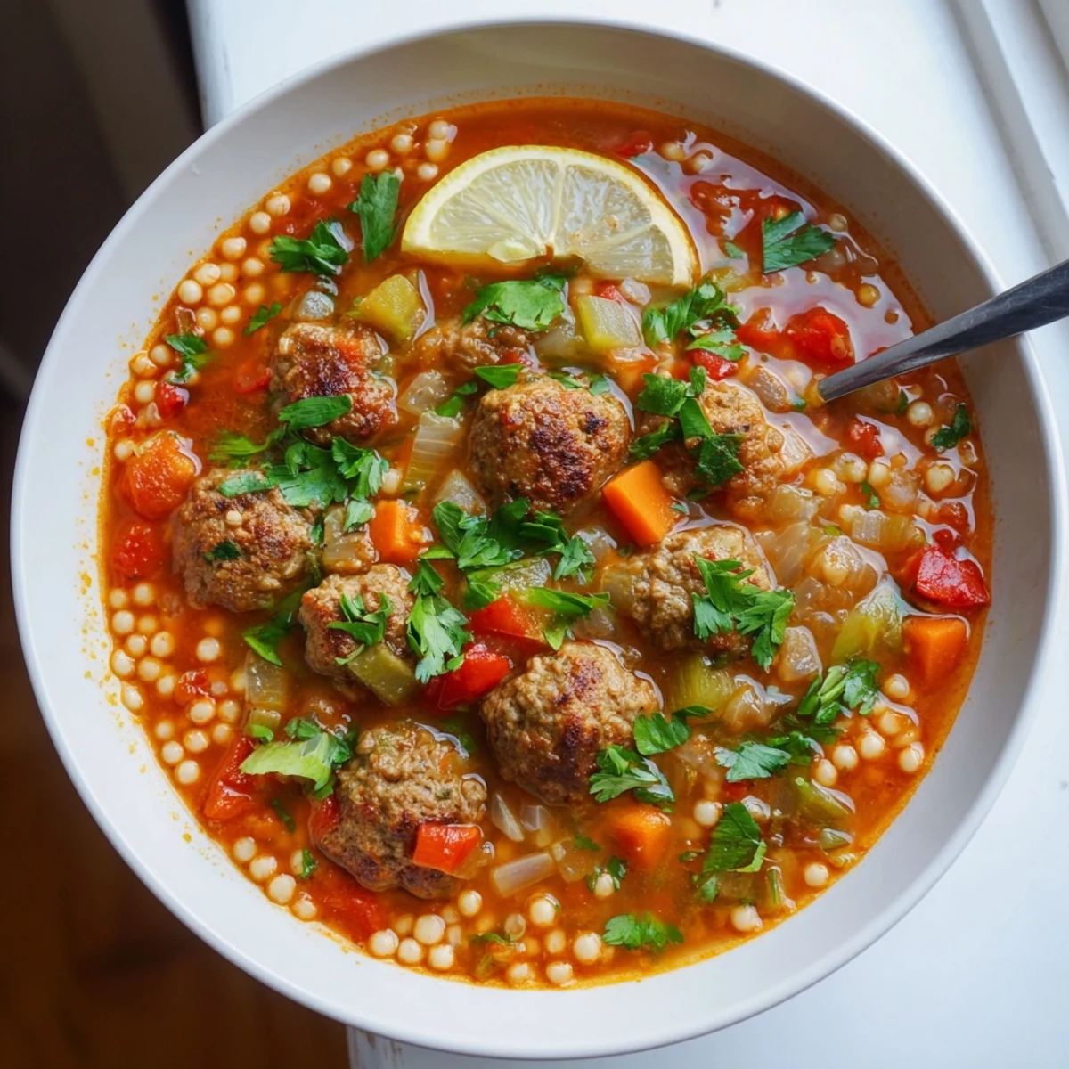 Golden spiced broth filled with tender Mini Moroccan Meatball Couscous Soup and vegetables