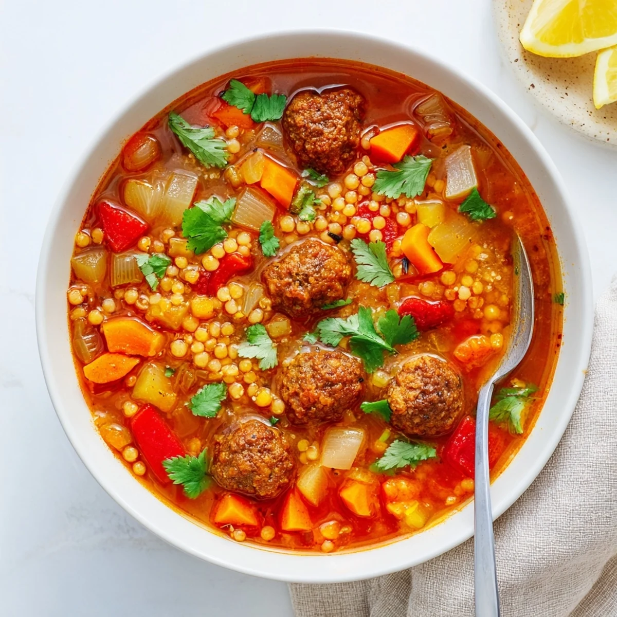 Mini Moroccan Meatball Couscous Soup ladled into a rustic bowl with crusty bread