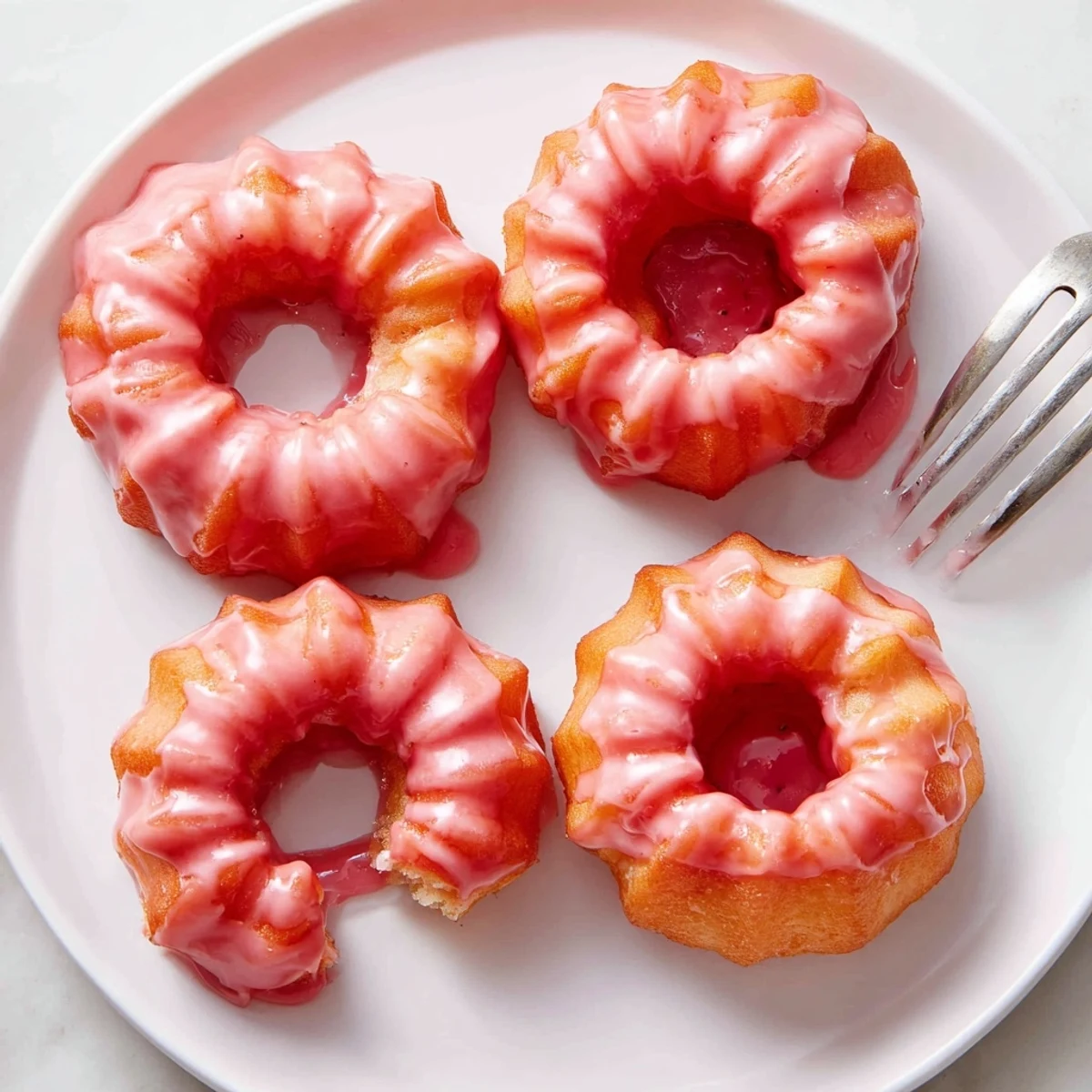 Crispy piped strawberry glazed French crullers drizzled with sweet berry icing served fresh.