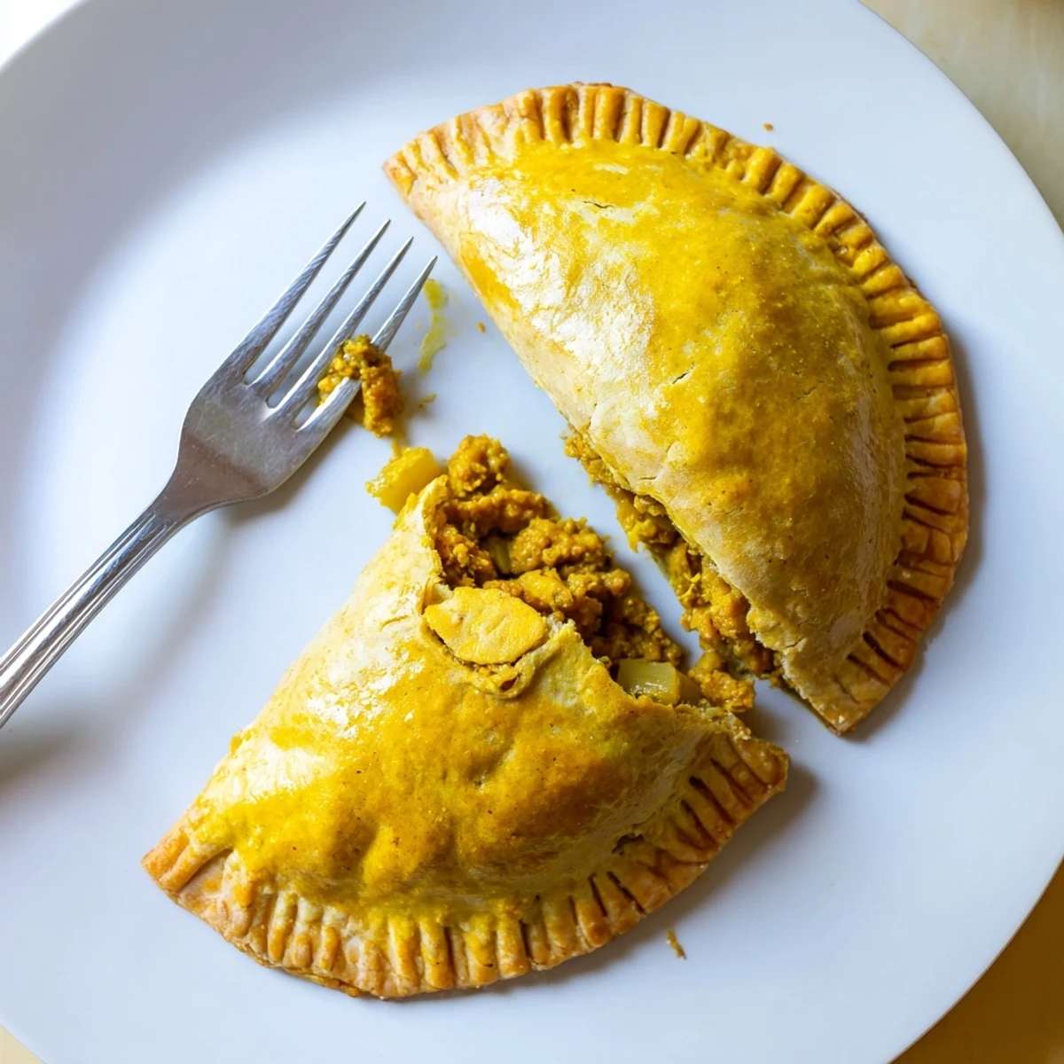 Golden Jamaican curry chicken patties with flaky crust on a rustic baking sheet