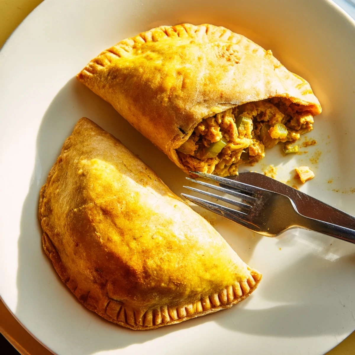 Steaming Jamaican curry chicken patties arranged on a platter with mango chutney dip