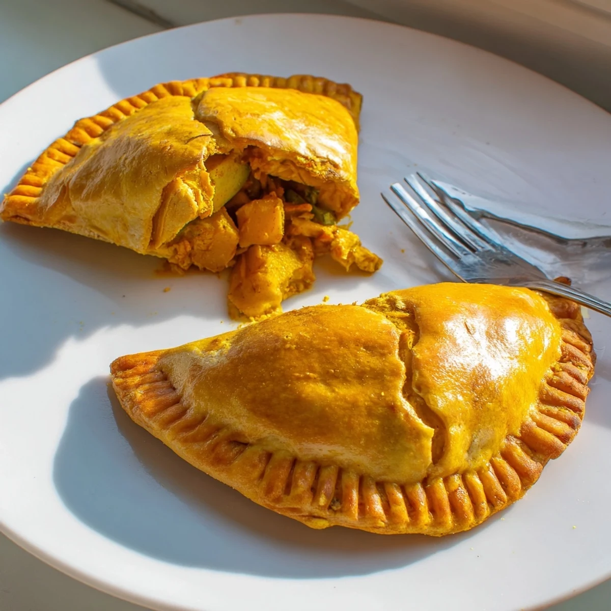 Crispy turmeric-yellow pastry cradling spiced Jamaican curry chicken filling, fresh from oven