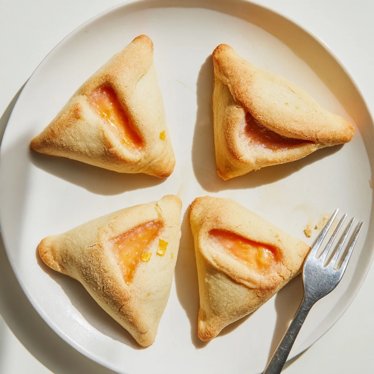 Golden creamsicle hamentaschen with creamy orange filling on a rustic baking sheet.