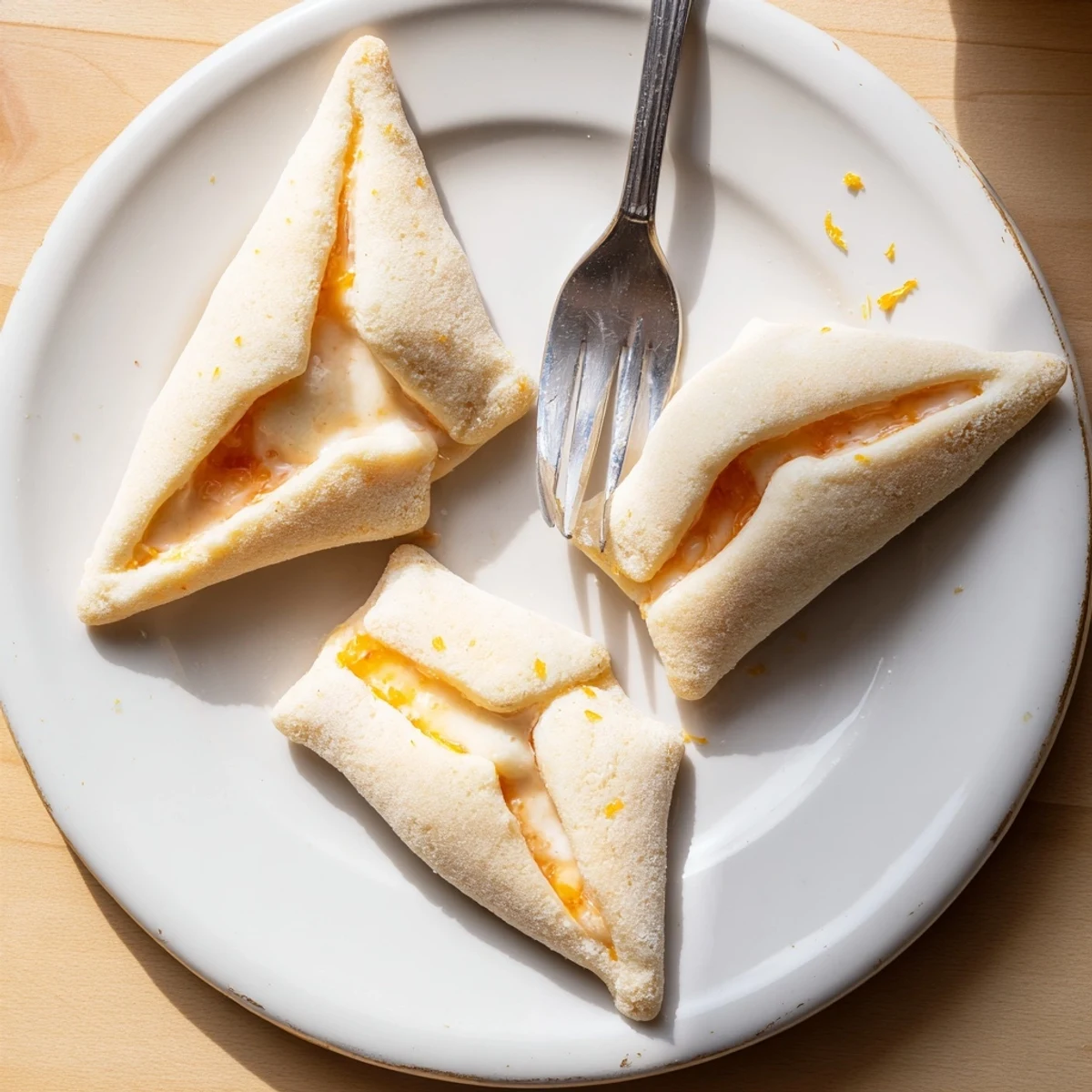 Triangular creamsicle hamentaschen dusted with powdered sugar arranged on a parchment-lined tray.