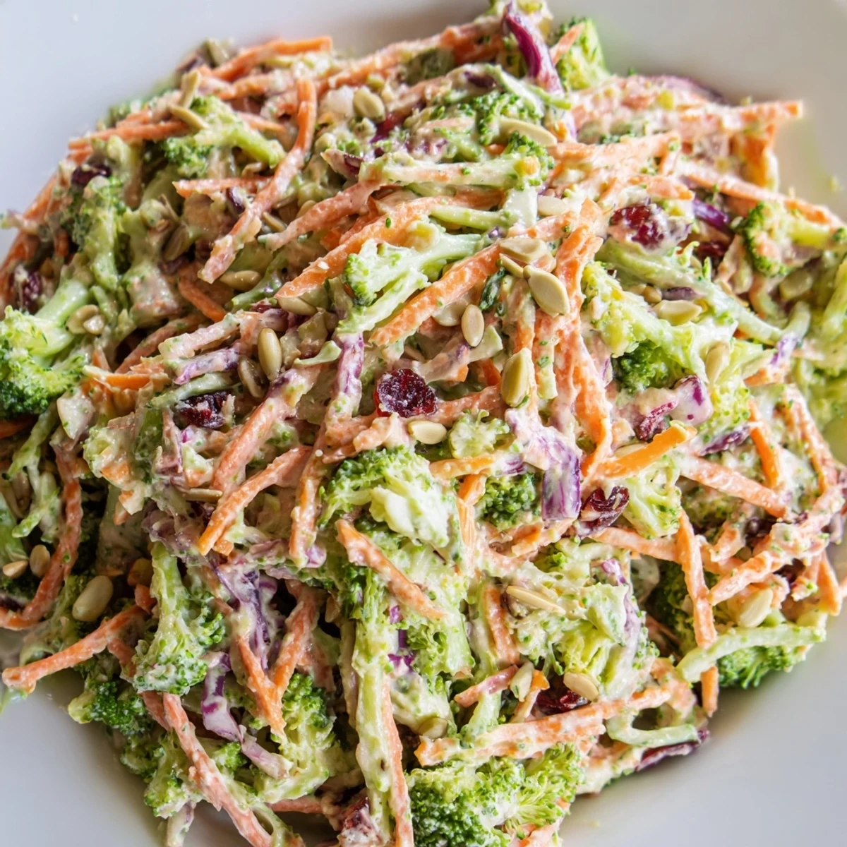 Broccoli Slaw in a rustic bowl with creamy dressing and sunflower seeds