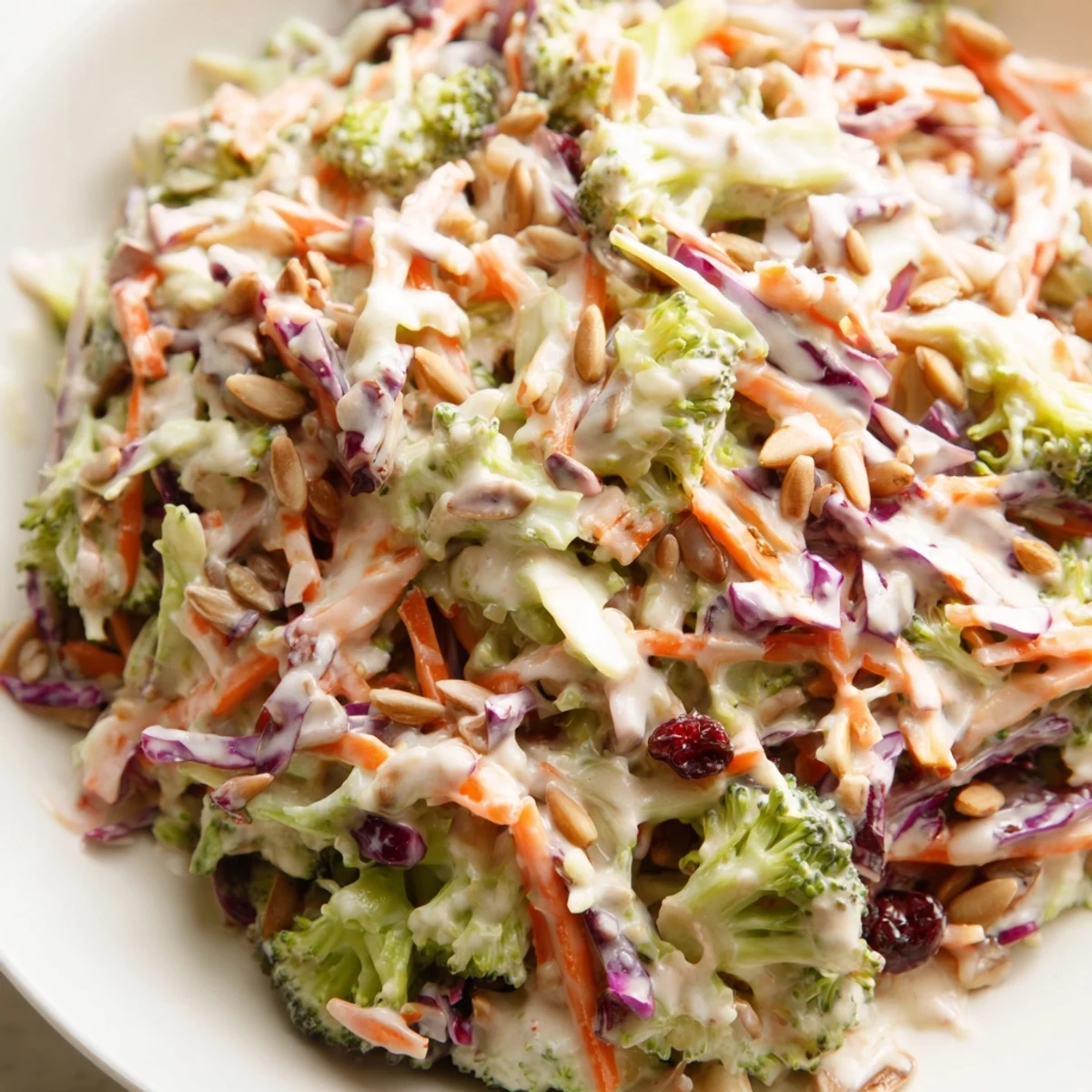 Close-up of crunchy Broccoli Slaw tossed in tangy mustard mayo dressing