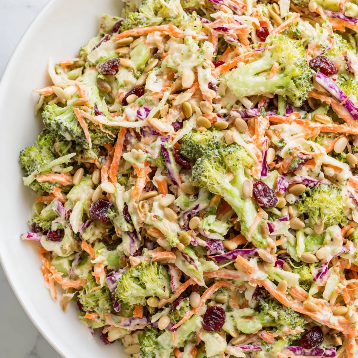 Vibrant Broccoli Slaw topped with dried cranberries, served at a sunny picnic