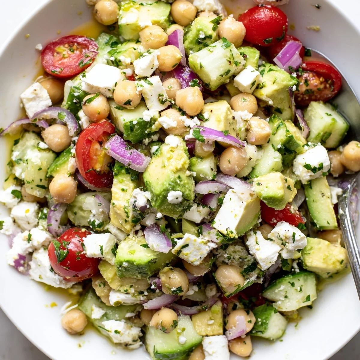 Creamy chickpea feta avocado salad served in a rustic white bowl
