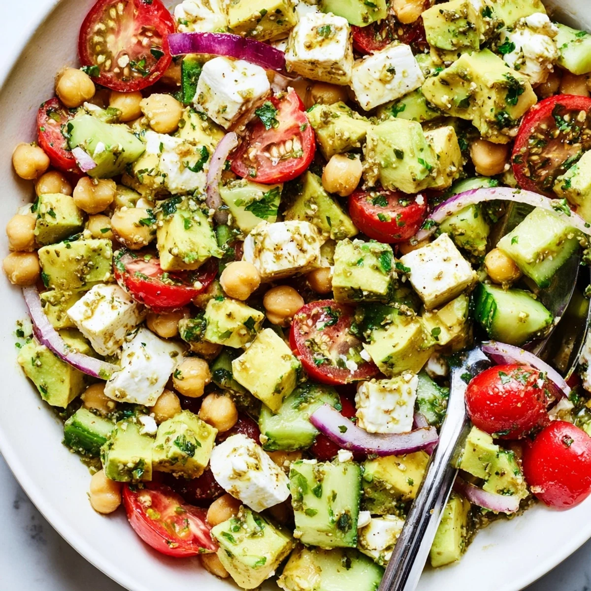 Tossed chickpea feta avocado salad drizzled with bright lemon herb dressing