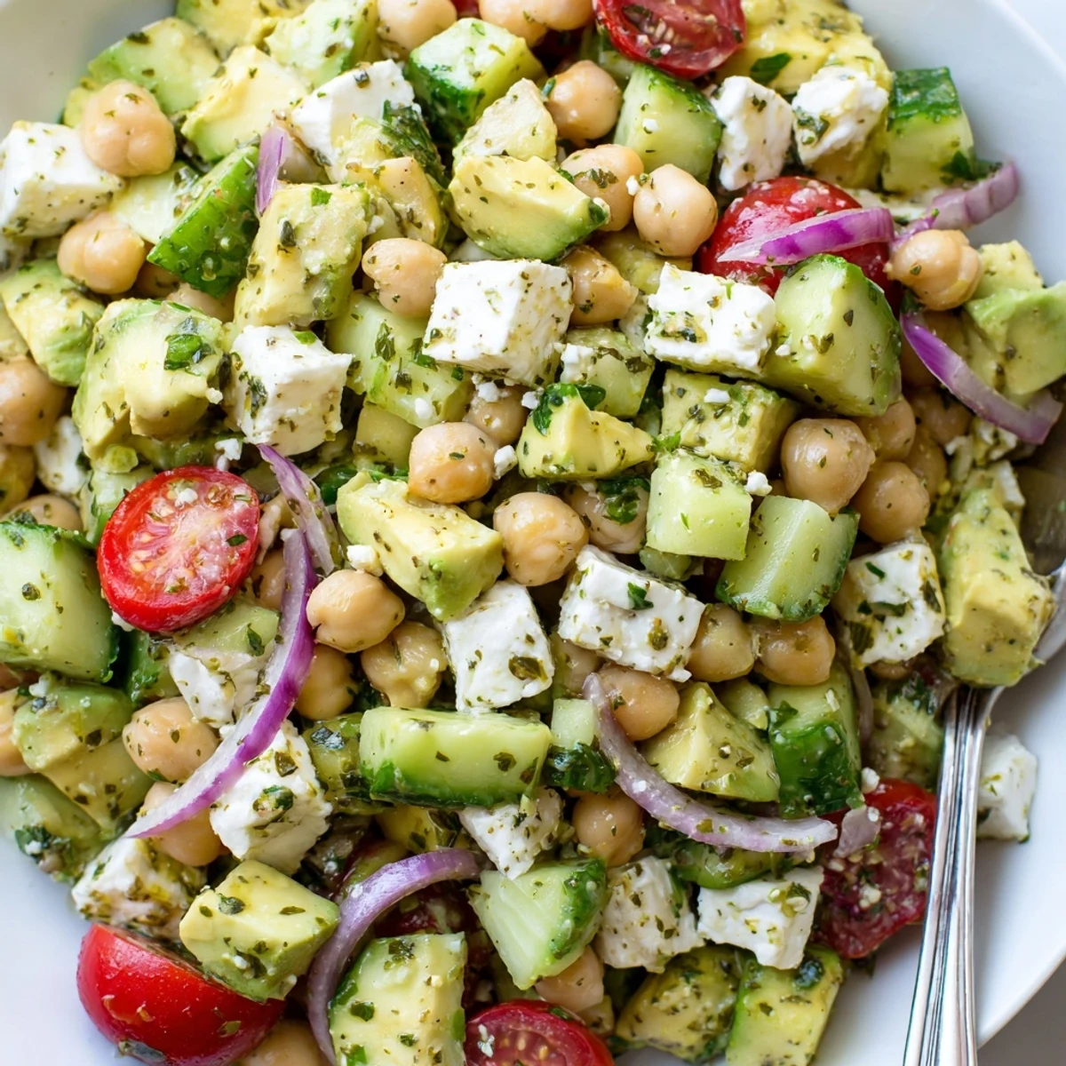Colorful chickpea feta avocado salad with cherry tomatoes and fresh herbs
