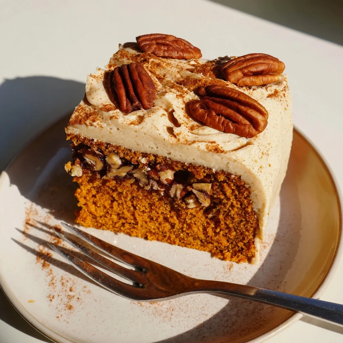 A slice of pumpkin pecan cake with thick cinnamon cream cheese icing on a rustic plate