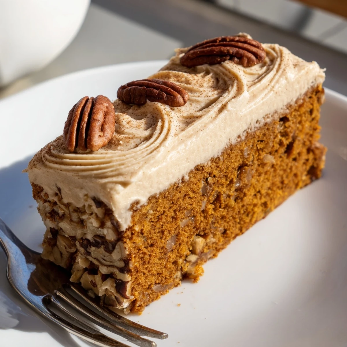 Warm spiced pumpkin pecan cake topped with swirled cinnamon frosting and scattered toasted pecan halves