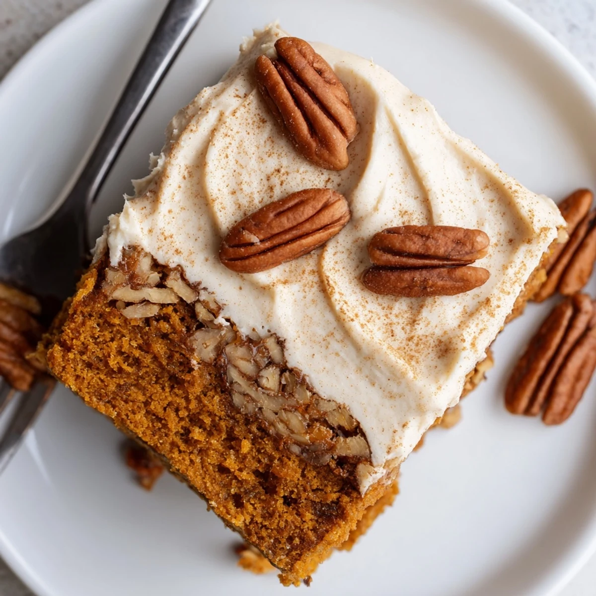 Moist pumpkin pecan cake layered with fluffy cinnamon cream cheese icing, garnished with chopped nuts