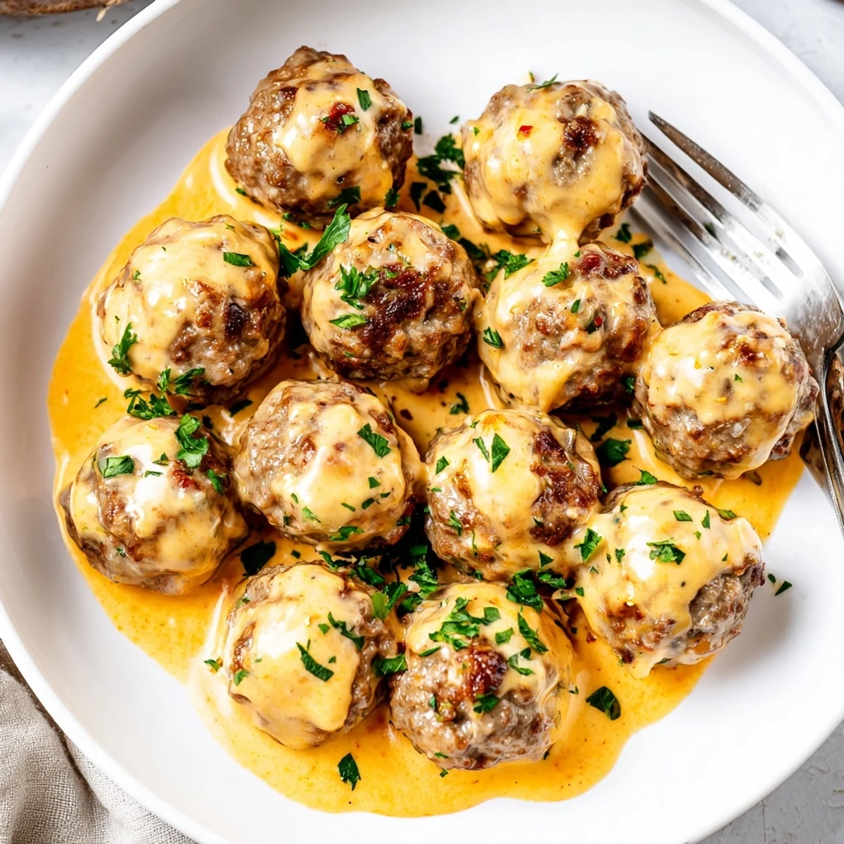 Golden cheese stuffed meatballs draped in bubbling spicy cheese sauce on rustic parchment