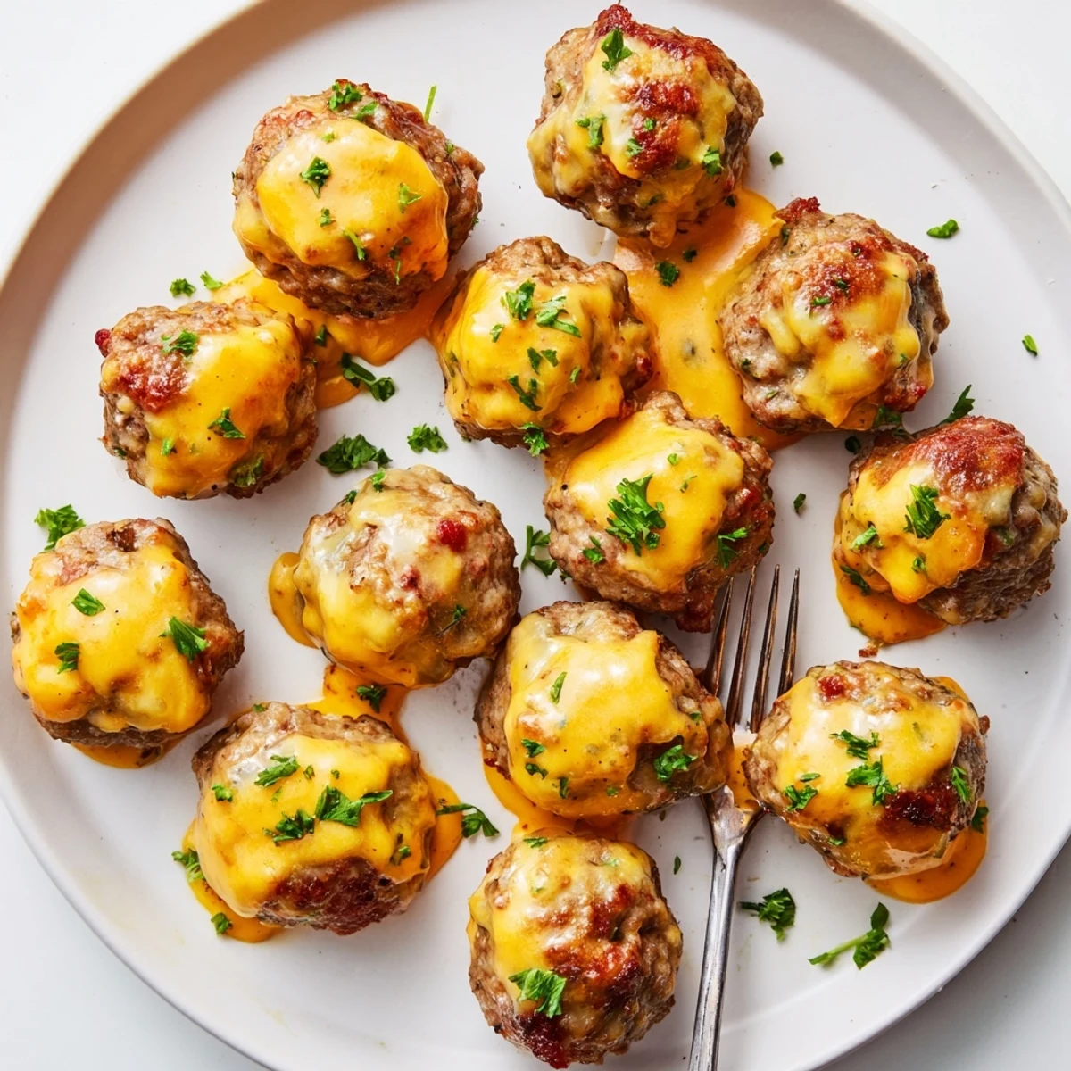 Juicy cheese stuffed meatballs with spicy cheese sauce pooling over fresh parsley garnish