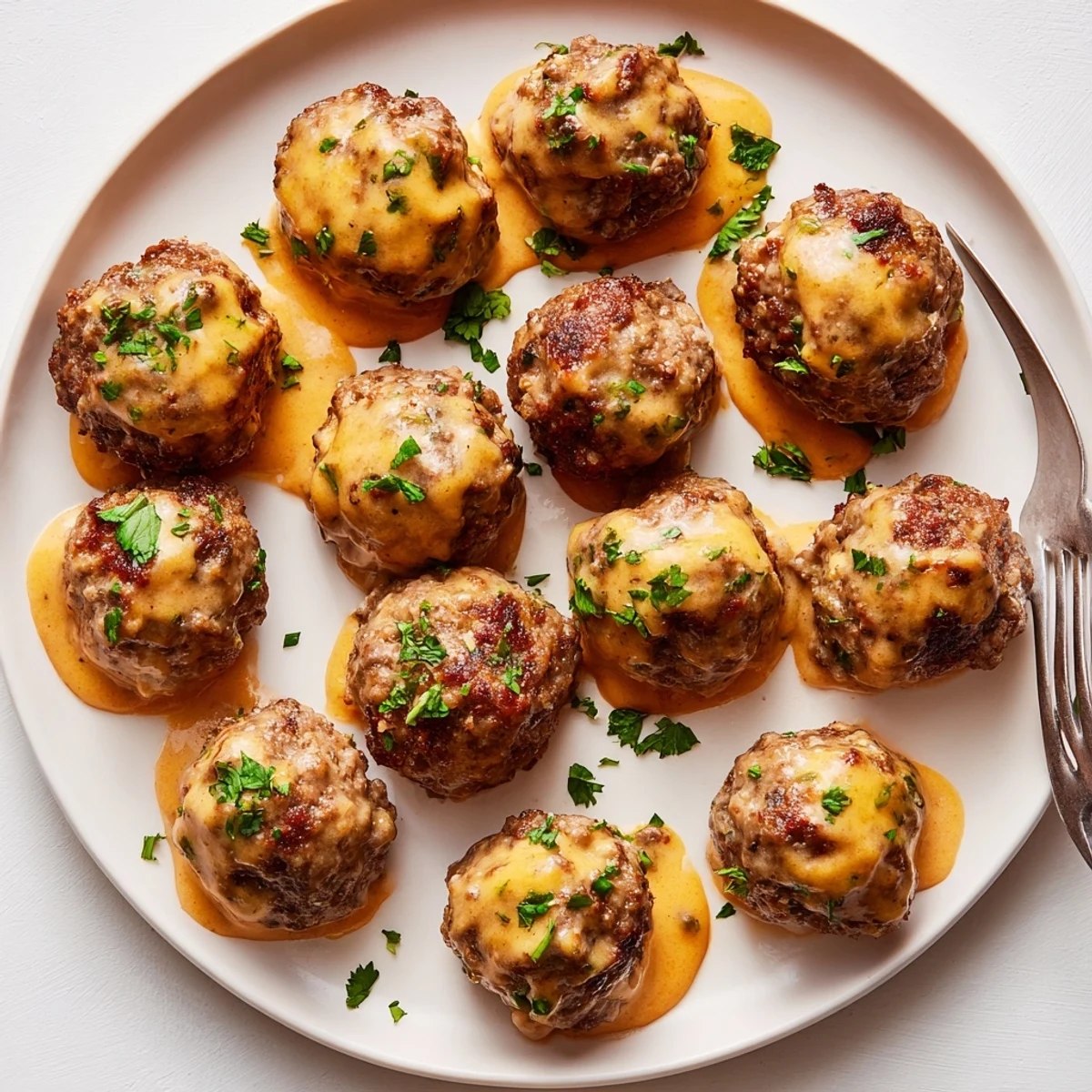 Crusty bread alongside cheese stuffed meatballs smothered in rich creamy spicy cheese sauce