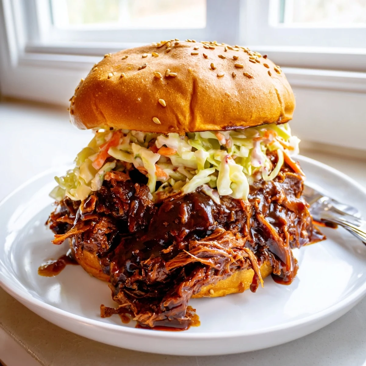 Slow Cooker BBQ Pulled Beef piled high on a toasted bun with creamy coleslaw