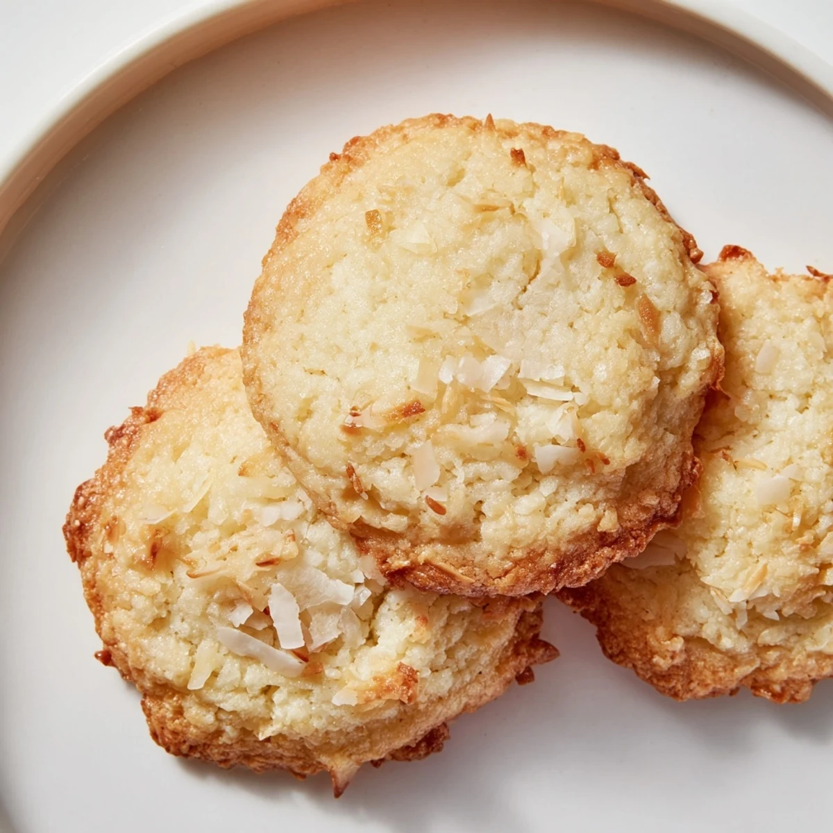 Golden soft and buttery coconut cookies with chewy shredded coconut edges on a wire rack