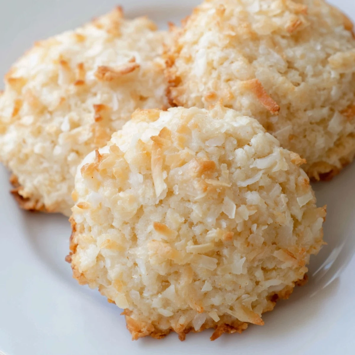 Close-up of soft and buttery coconut cookies with golden brown bottoms and tender centers