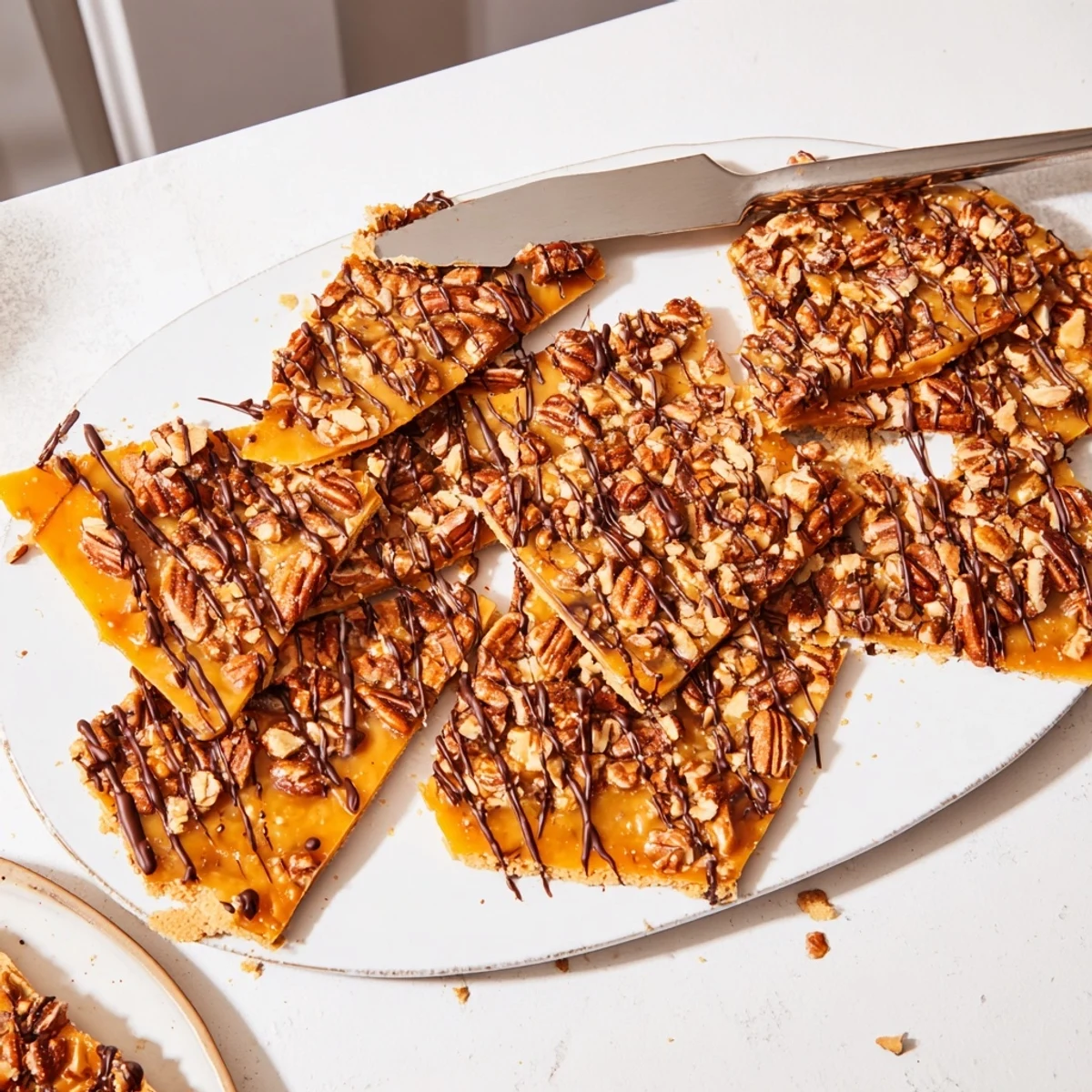 Golden pecan pie bark with caramelized pecans drizzled in rich dark chocolate