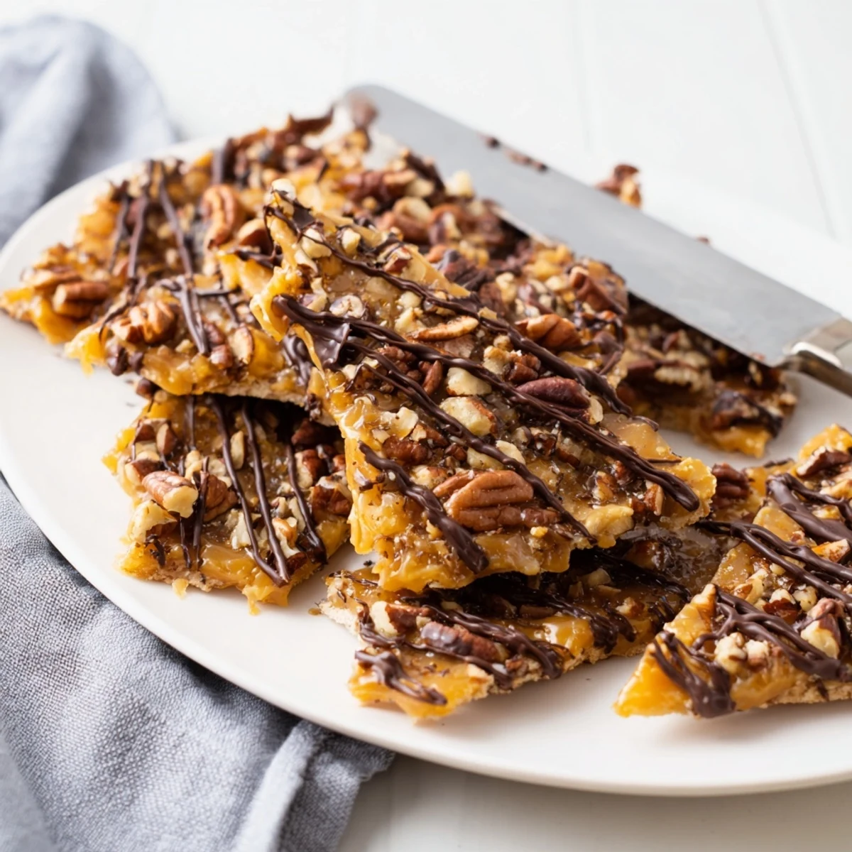 Homemade pecan pie bark broken into irregular pieces on a rustic cutting board