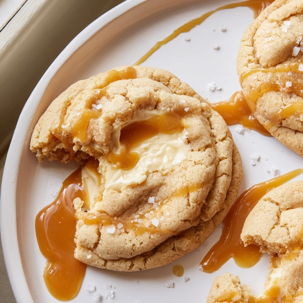 Golden caramel cheesecake cookies drizzled with gooey sauce on a rustic baking sheet.