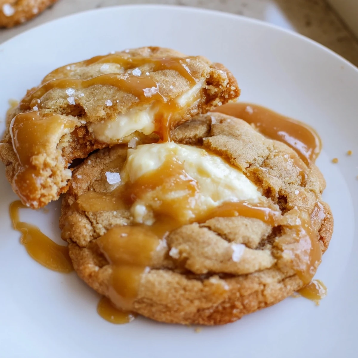Soft caramel cheesecake cookies with creamy centers cooling on a wire rack.
