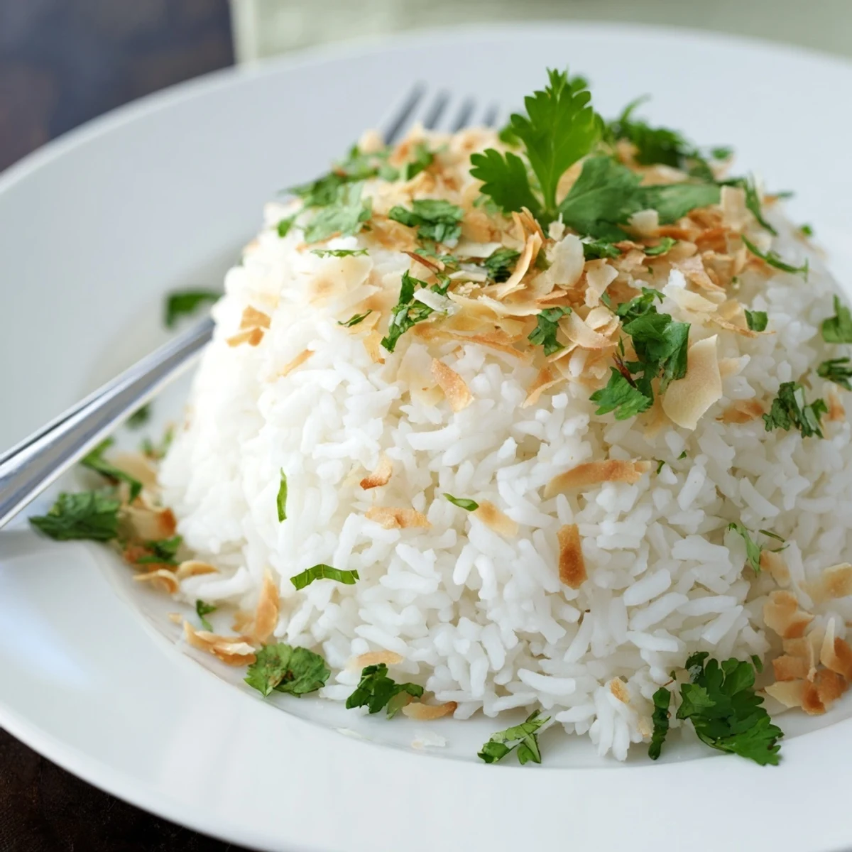 Steaming scoop of coconut rice topped with fresh cilantro and bright lime zest