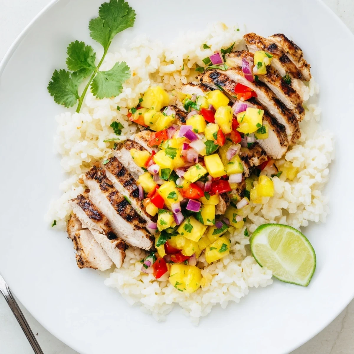 Juicy grilled chicken topped with colorful pineapple mango salsa on a white plate