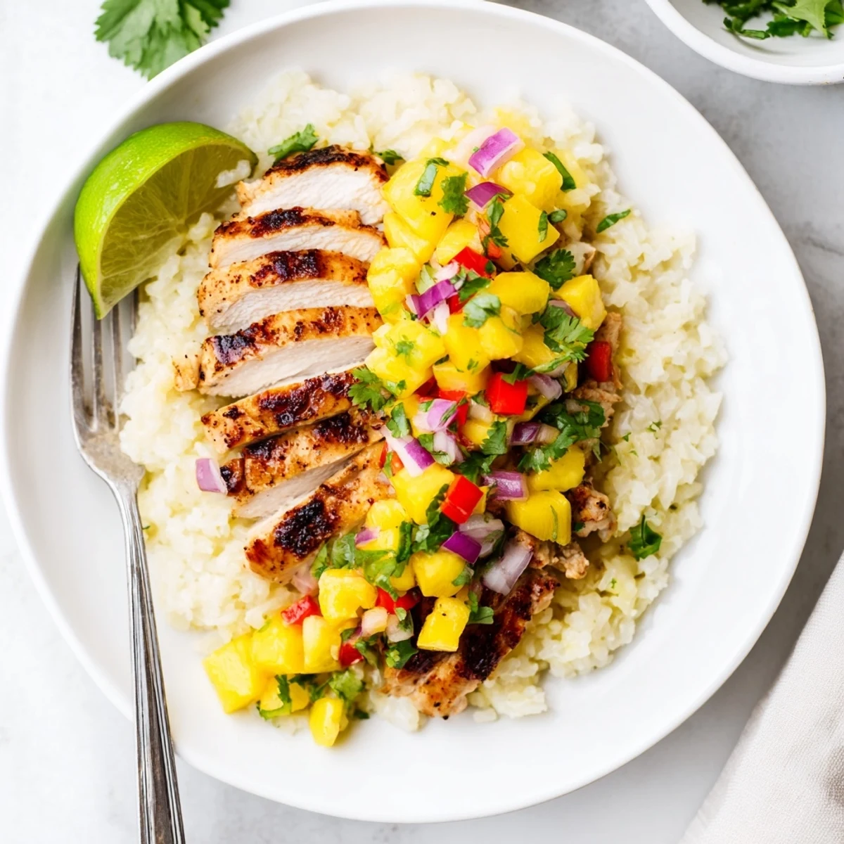 Smoky sliced chicken breasts drizzled with vibrant pineapple mango salsa and cilantro garnish