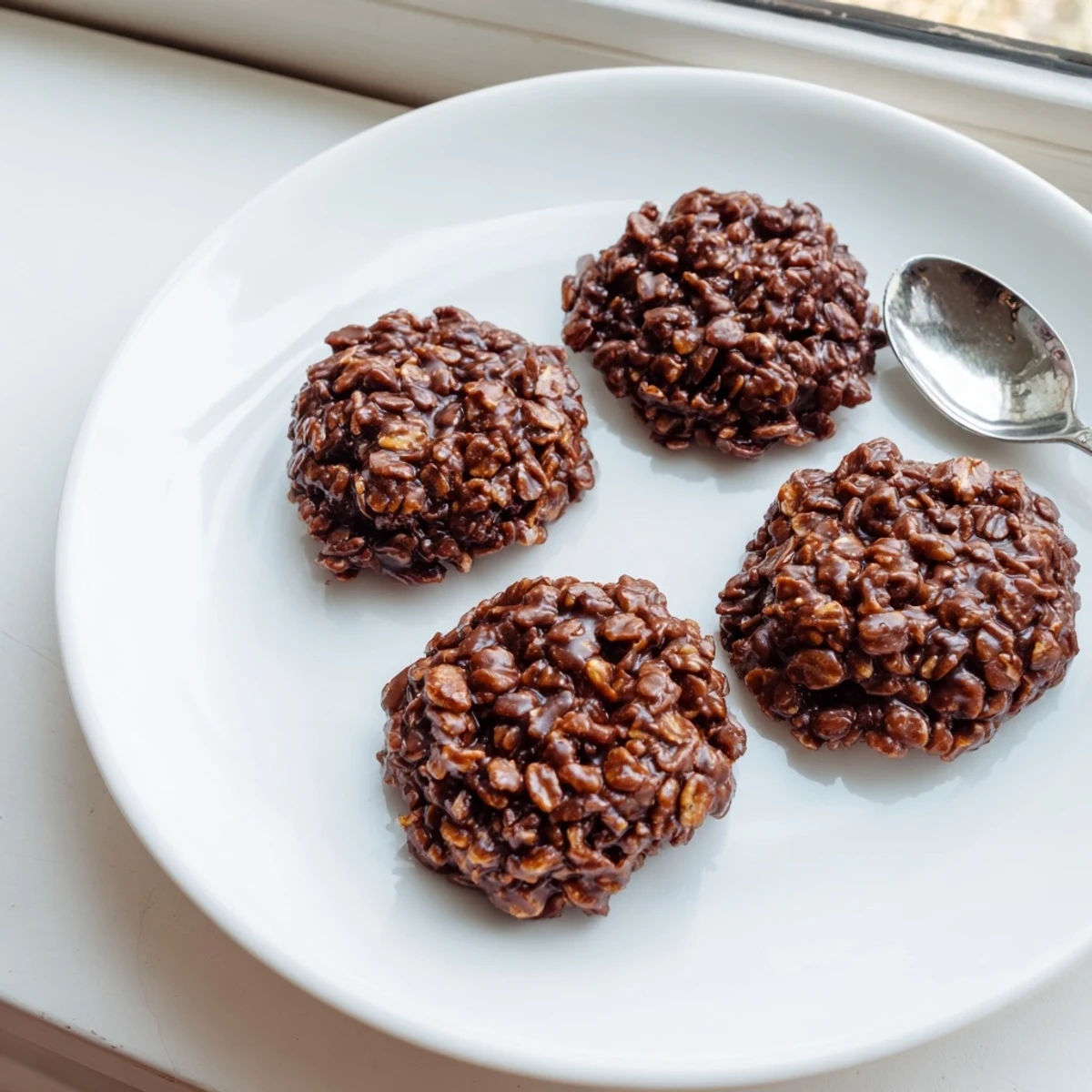 Glossy chocolate oatmeal no bake cookies piled on parchment paper, rich and fudgy