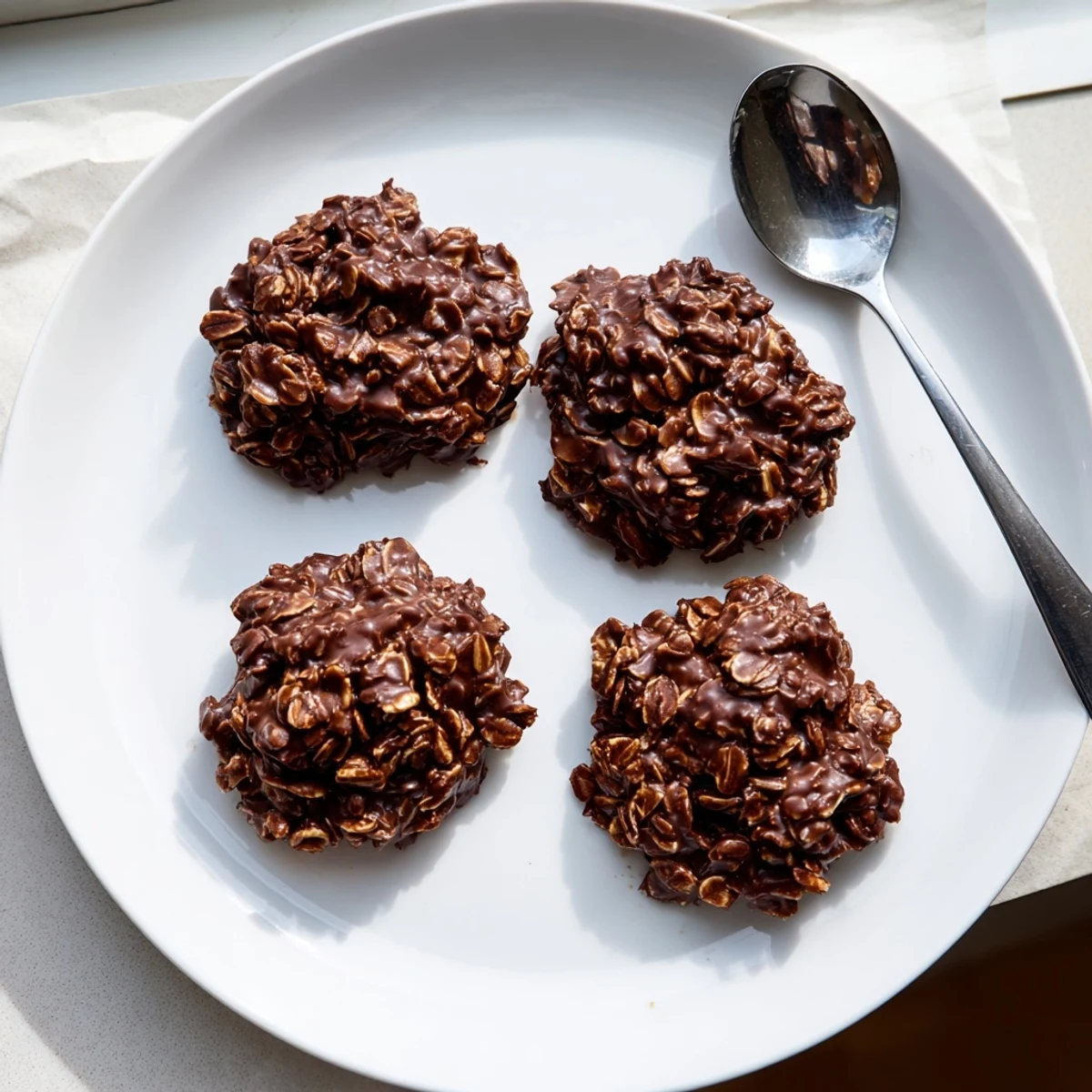 Rounded chocolate oatmeal no bake cookies studded with chewy oats ready for serving