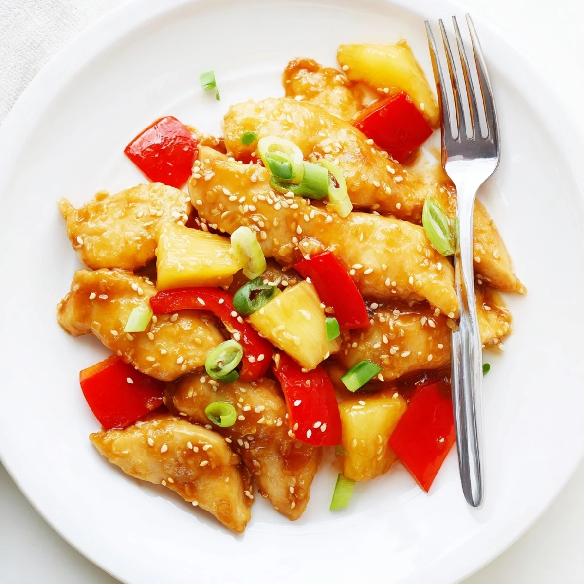 Golden Hawaiian Chicken glazed in glossy pineapple sauce with diced bell peppers