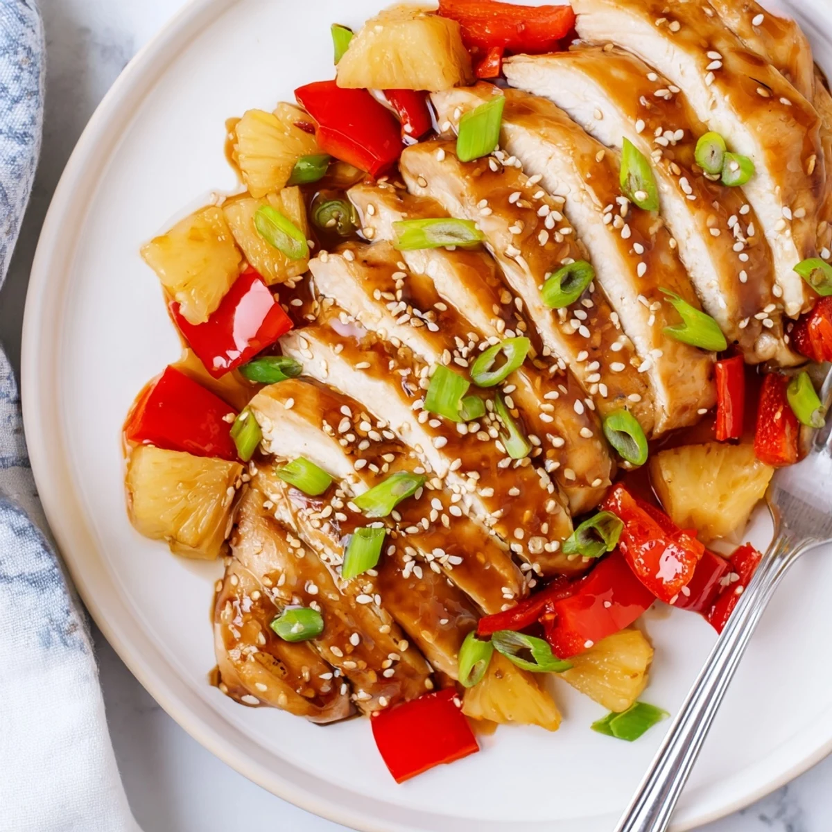 Juicy Hawaiian Chicken smothered in tangy sweet pineapple sauce topped with sesame seeds