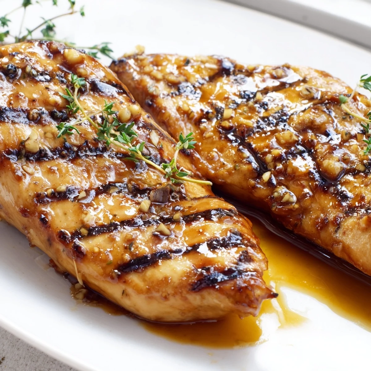 Golden maple Dijon grilled chicken with caramelized grill marks on a rustic plate.