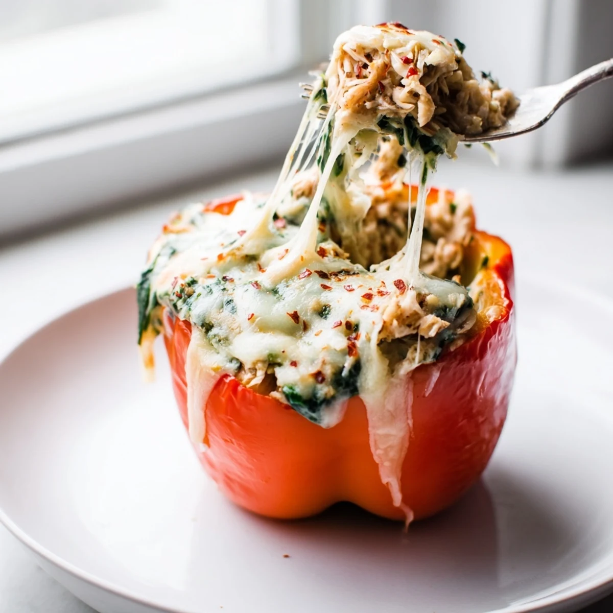 Golden baked Chicken Florentine Stuffed Peppers with melted mozzarella on a rustic dish