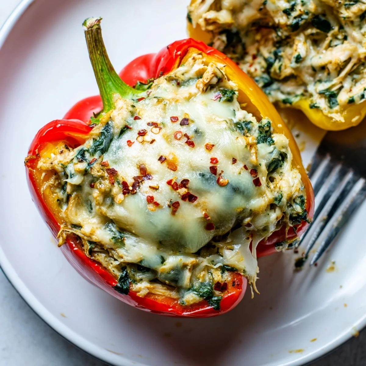 Colorful bell peppers overflowing with creamy Chicken Florentine filling, fresh from the oven