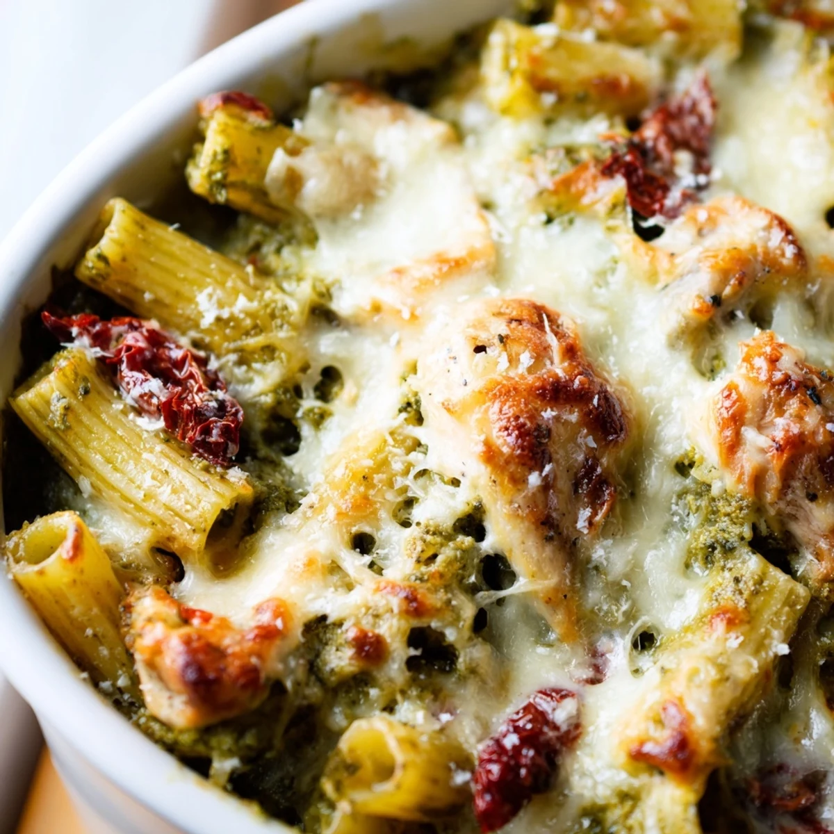 Golden bubbling pesto chicken pasta bake topped with melted mozzarella and fresh basil